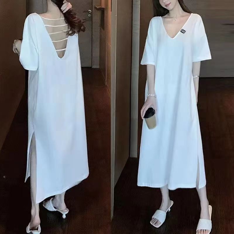 150kg Plus Size Women's Sexy Backless Lazy Dress Long Dress Loose Fit for Chubby Women Slimming Nightgown with Slit
