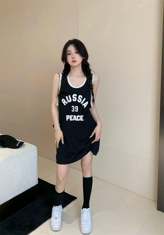Plus Size 150kg Sporty Letter Print Camisole Nightdress for Women, Summer Design, Fashionable Sleeveless T-Shirt Dress Plus Size 150kg Sporty Letter Print Camisole Nightdress for Women, Summer Design, Fashionable Sleeveless T-Shirt Dress
