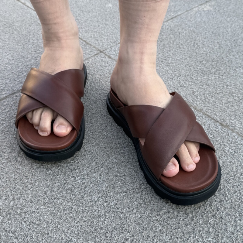 Authentic Ugg Men's Leather Comfortable Cross-Strap Slippers Casual Open-Toe Cross Sandals 1153076