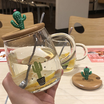 Creative personality cactus wooden lid spoon handle Breakfast milk Transparent heat-resistant explosion-proof glass tea cup for men and women
