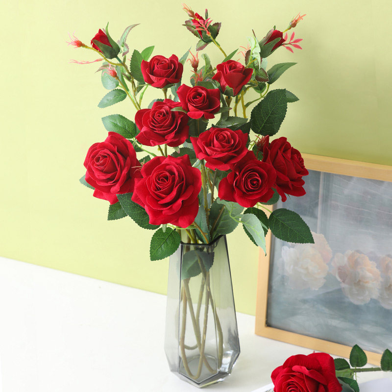 Simulation flannel rose living room decoration simulation flower single bouquet fake flower drying flower decoration plastic flower arrangement