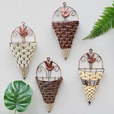 Simulation vase flowerpot flower basket wall hanging iron flower basket rattan wall hanging flower decoration fake flower grass weaving rattan flower art