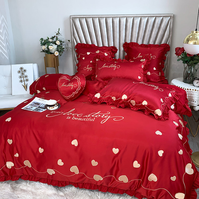 Eurostyle Upscale New Wedding Celebration Big Red Bed Four Pieces Full Cotton Pure Cotton Linen Embroidery Quilt Cover Wedding house Supplies