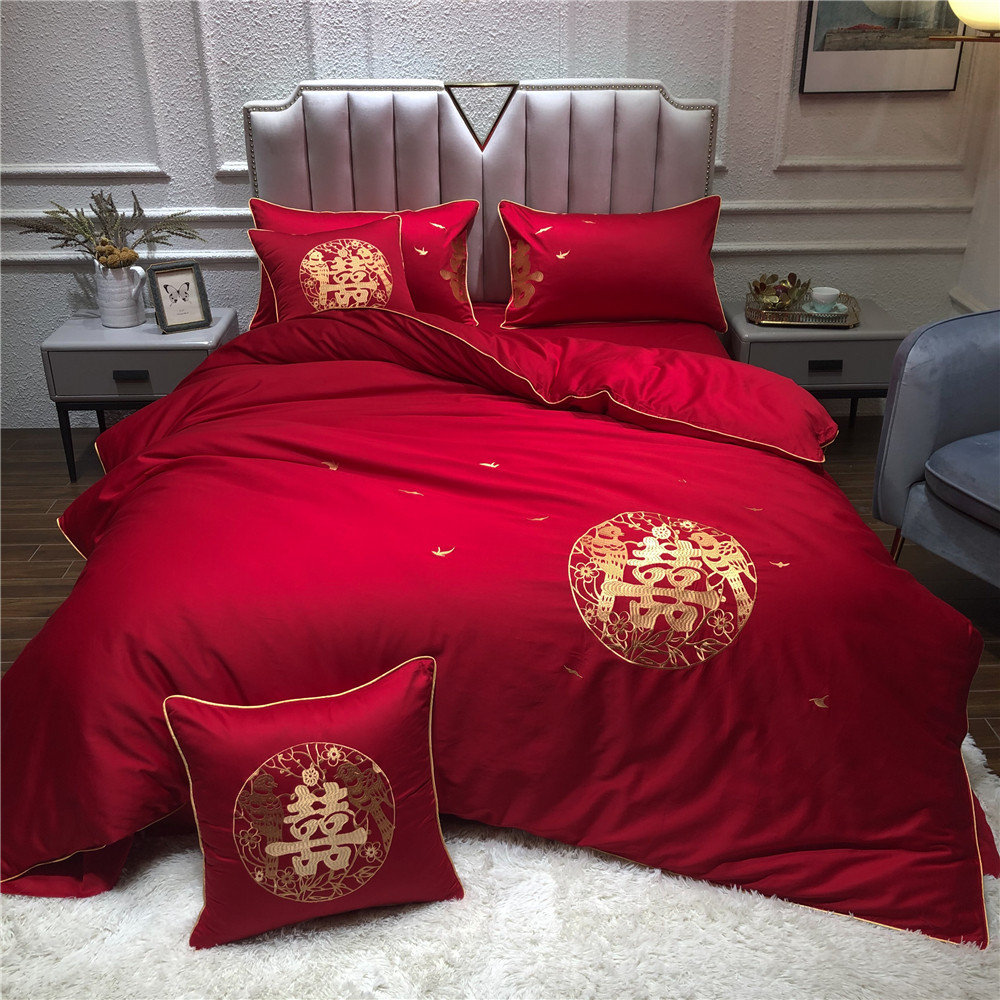 Upscale Chinese wedding celebration four sets of all-cotton pure cotton large red sheet Festive Character Embroidery Quilt bed Bedding Six
