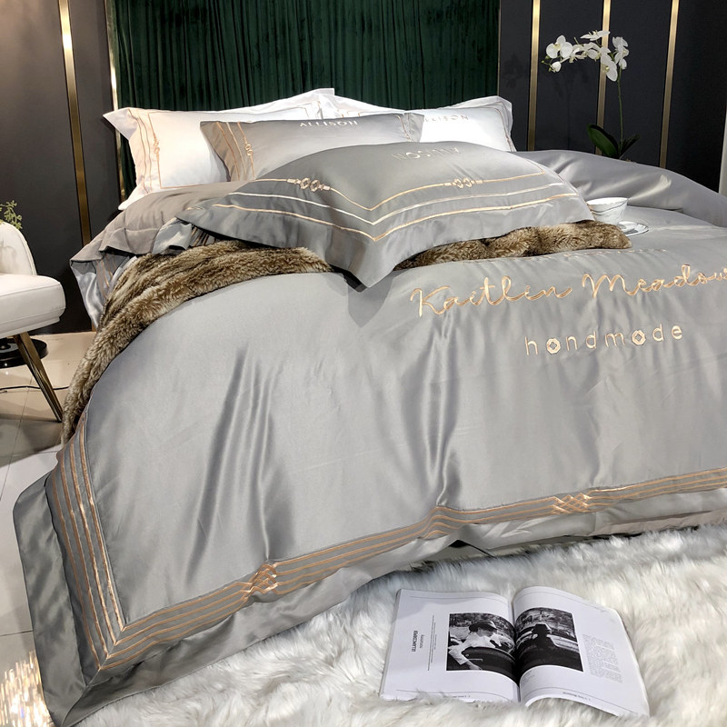 High-end 5-star hotel pure cotton four pieces European-style embroidered real silk ice silk quilt cover pure cotton bed with supplies