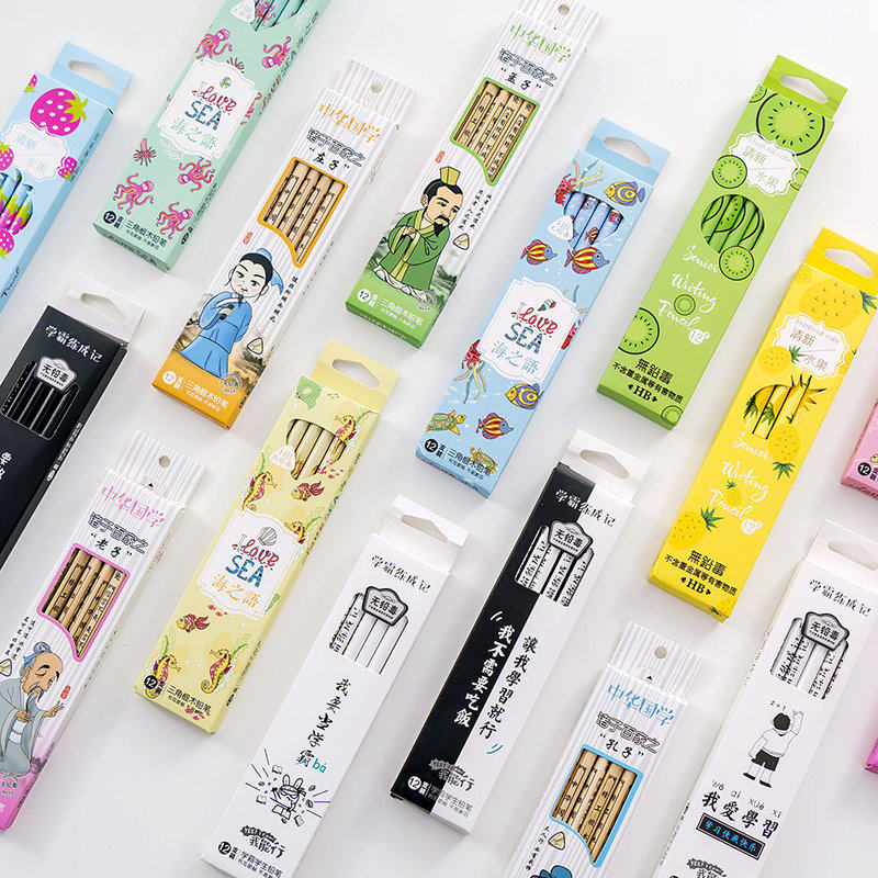 (Senior Linden Wood 12 Packs of boxed) Bullying HB Pencil Elementary School Kids Cartoon with rubber head pencil constant core