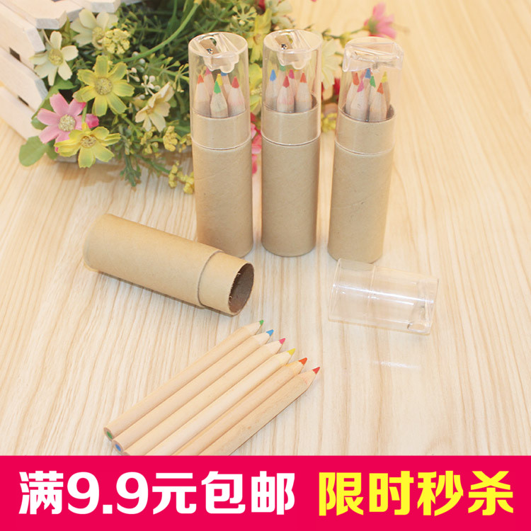 Jianfei stationery Kraft paper tube color pencil 6 colors 6 pcs with pencil sharpener cover Drawing color pencil