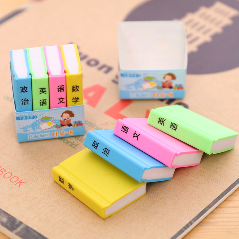 Cartoon color textbook eraser Novelty stationery Creative pencil eraser Cute book eraser 4 sets