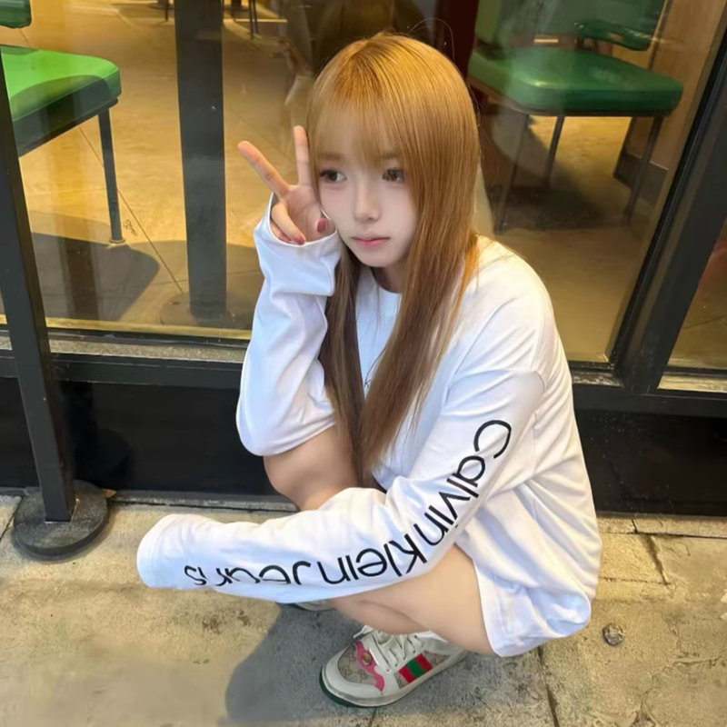 [Ck Us Version Authentic] Long-Sleeved T-Shirt with Printed Letters, Round Neck, Unisex, Autumn, Loose Fit, Mid-Length, Pure Cotton