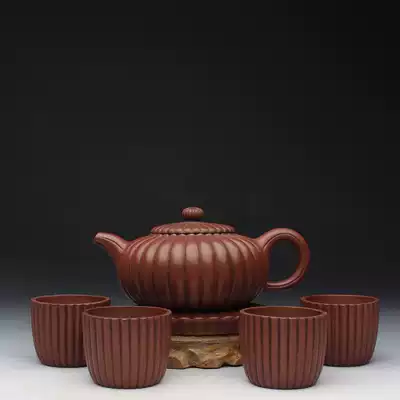 Taiwan reflux old purple sand pot famous master Republic of China Jinding trademark Wang Baogan made 30 sac rib pattern set of pots