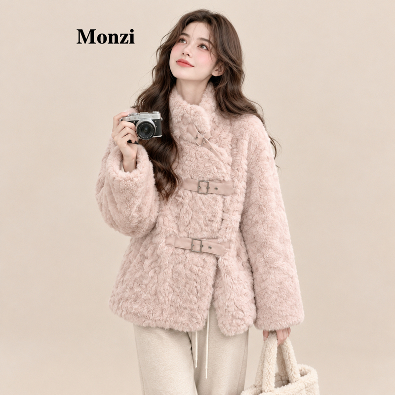 Monzi Pink Faux Fur Sweet Youthful Lamb Wool Coat for Women, Winter Thickened Fur Integrated Jacket for Petite Figures