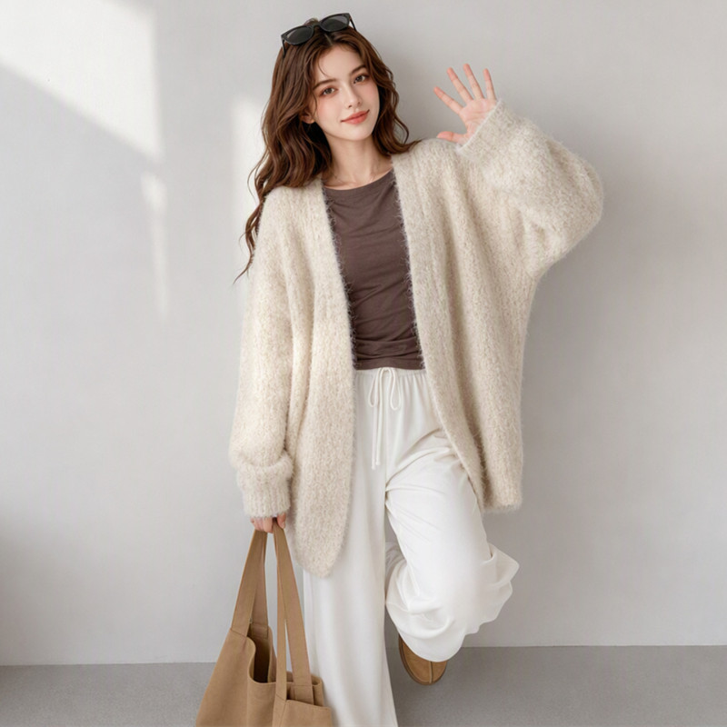 Monzi Off-White Gentle Style Knitted Cardigan for Women, New Autumn Style, Lazy Style, Loose Drop Shoulder Sleeve Sweater Jacket