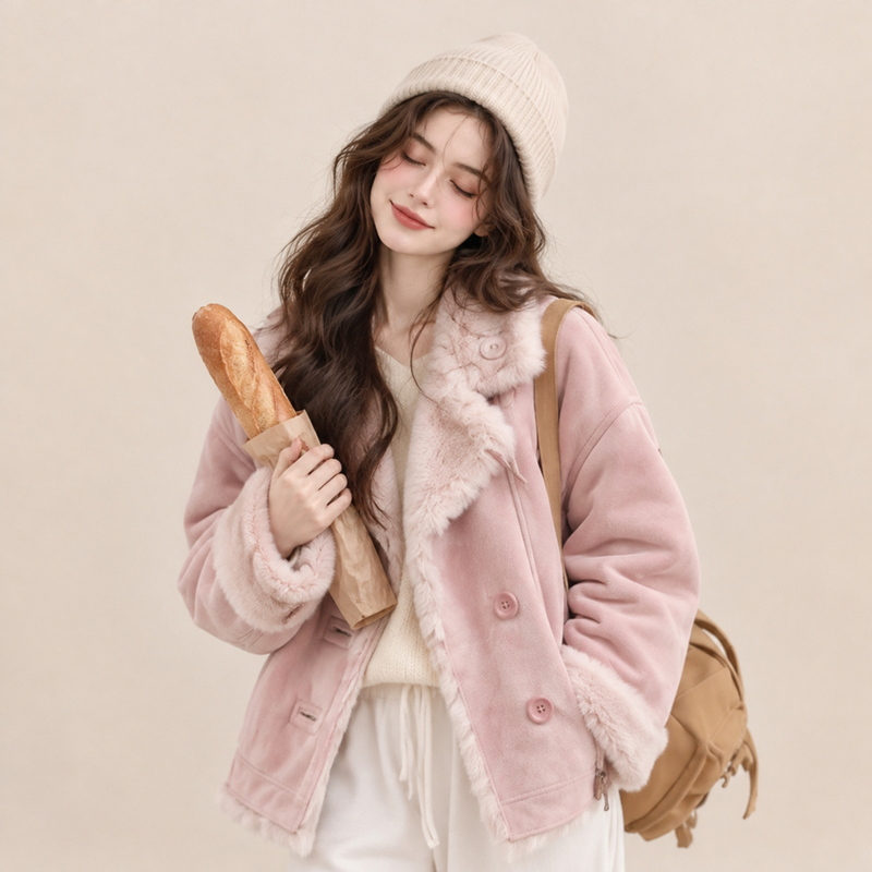 Monzi Pink Casual Style Fur Integrated Coat for Women, New Winter Faux Fur Collar Top for Petite Figures, Trendy