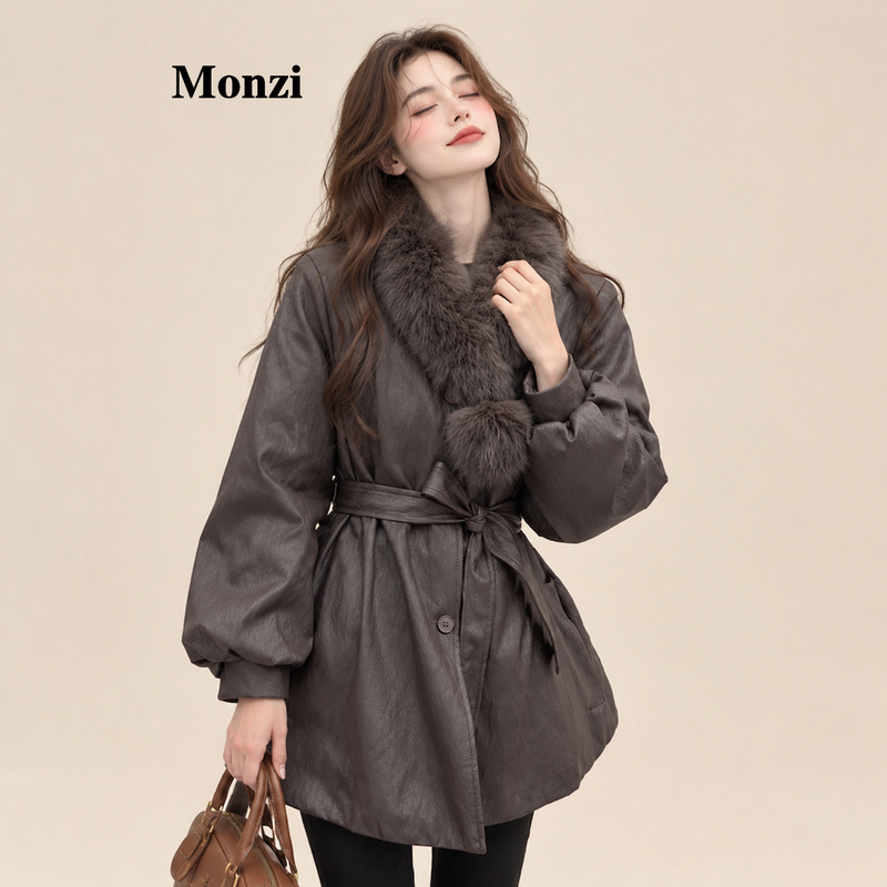 Monzi Maillard Fox Fur Collar down Leather Jacket for Women, Winter White Duck Down, Waist-Cinching, Elegant and High-End Coat, Trendy