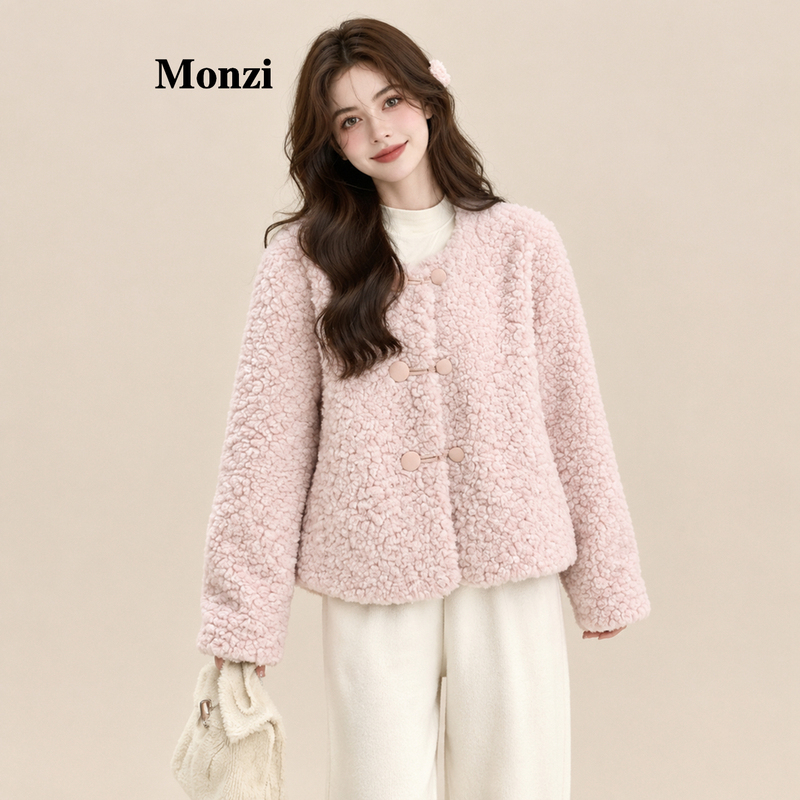 Monzi Pink Sweet Style Lamb Wool Short Coat for Women, New Thickened Winter Warm Coat for Petite Figures, Made of Integrated Leather and Fur