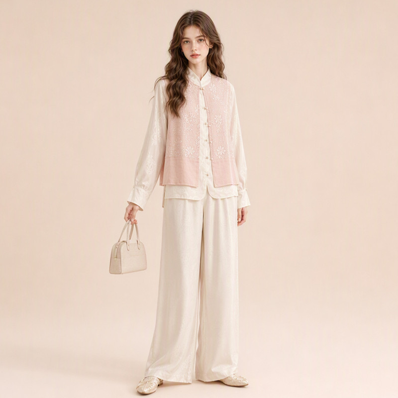 Monzi New Chinese Style Embroidered Vest Shirt Three-Piece Set for Women, Autumn New Slimming Wide-Leg Pants Age-Reducing Suit Monzi New Chinese Style Embroidered Vest Shirt Three-Piece Set for Women, Autumn New Slimming Wide-Leg Pants Age-Reducing Suit
