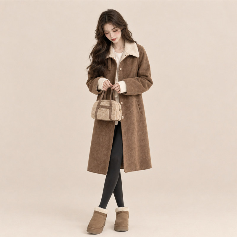Monzi Mid-Length Suede Shearling Coat for Women, Winter Thickened Loose Cotton Coat