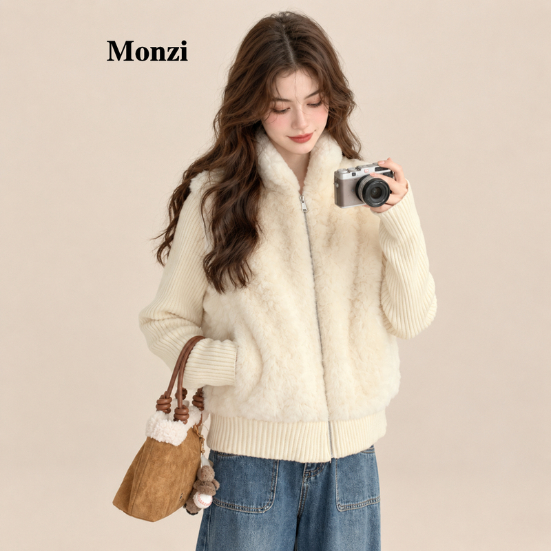 Monzi Off-White Stylish Lamb Wool Coat for Women, New Winter Knit Patchwork down Jacket with a Faux Two-Piece Design