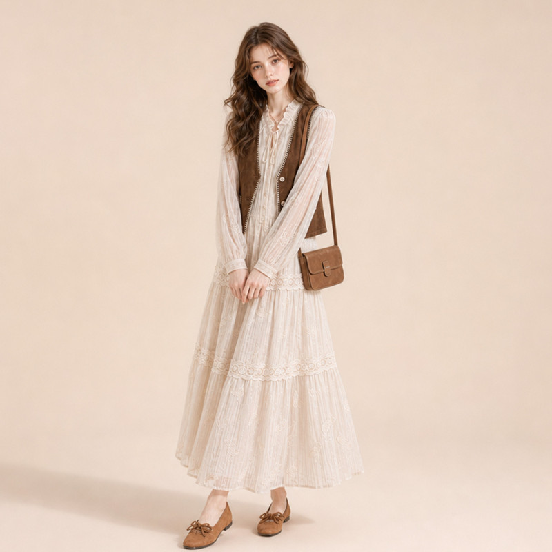 Monzi French Retro Style Long-Sleeved Embroidered Dress Two-Piece Set for Women Autum New High-Waisted Belted Long Skirt