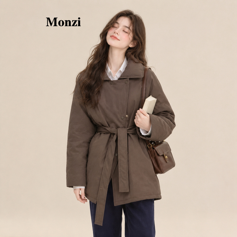 Monzi Vintage Brown Lazy Style Lapel Tie Waist down Jacket for Women, New Winter Thickened White Duck down Coat