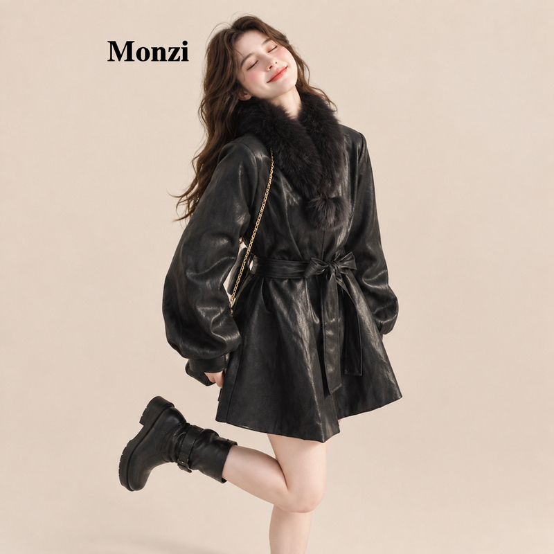 Monzi Black Fox Fur Collar Leather Jacket down Coat for Women, New Winter Style, Waist-Cinching with Tie, High-End Feel, Trendy Outerwear Monzi Black Fox Fur Collar Leather Jacket down Coat for Women, New Winter Style, Waist-Cinching with Tie, High-End Feel, Trendy Outerwear