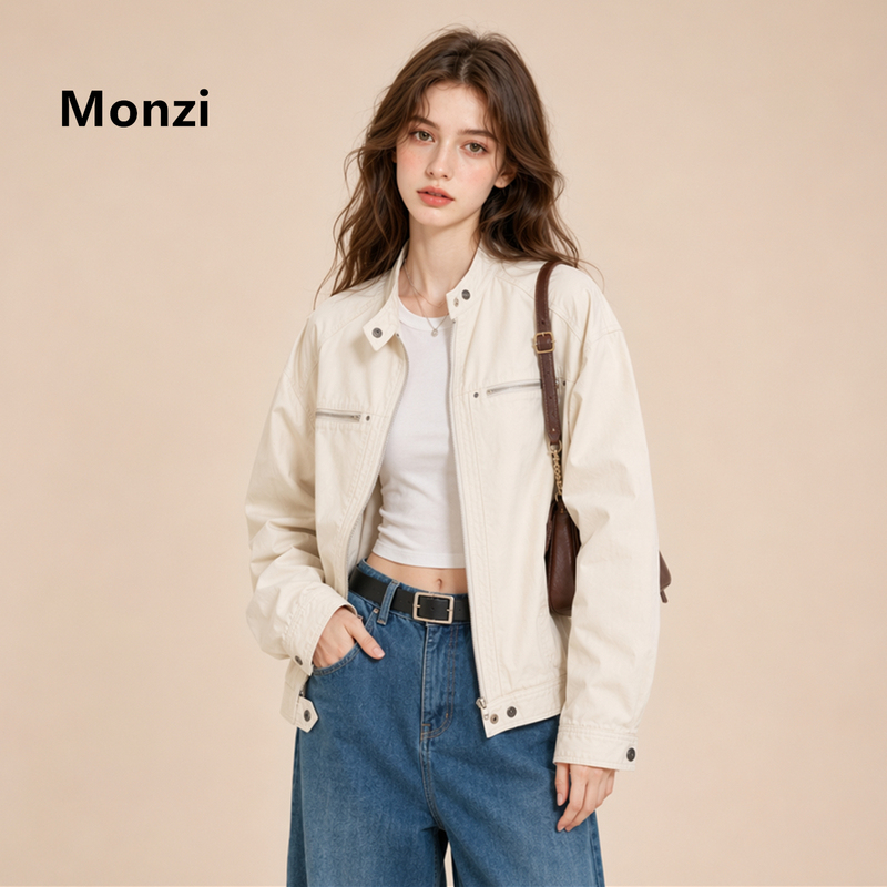 Monzi Off-White American-Style Workwear Stand-Collar Short Jacket for Women, New Spring and Autumn Zip-Up Jacket for Petite Sizes Monzi Off-White American-Style Workwear Stand-Collar Short Jacket for Women, New Spring and Autumn Zip-Up Jacket for Petite Sizes