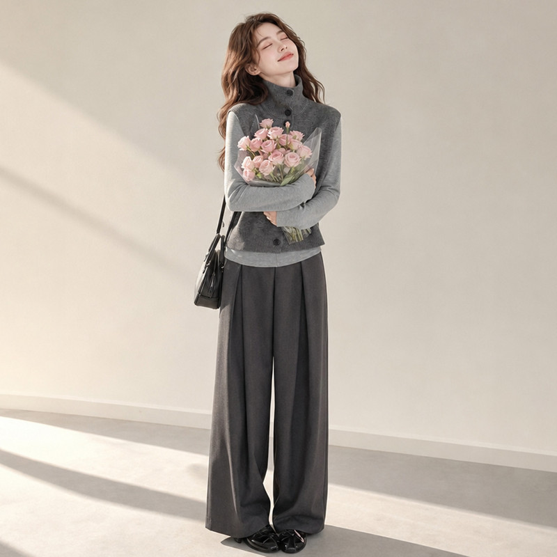 Monzi Gray Korean-Style Knitted Vest Base Layer Three-Piece Set for Women, Autumn Casual Layered Look, Slimming Wide-Leg Pants Set Monzi Gray Korean-Style Knitted Vest Base Layer Three-Piece Set for Women, Autumn Casual Layered Look, Slimming Wide-Leg Pants Set