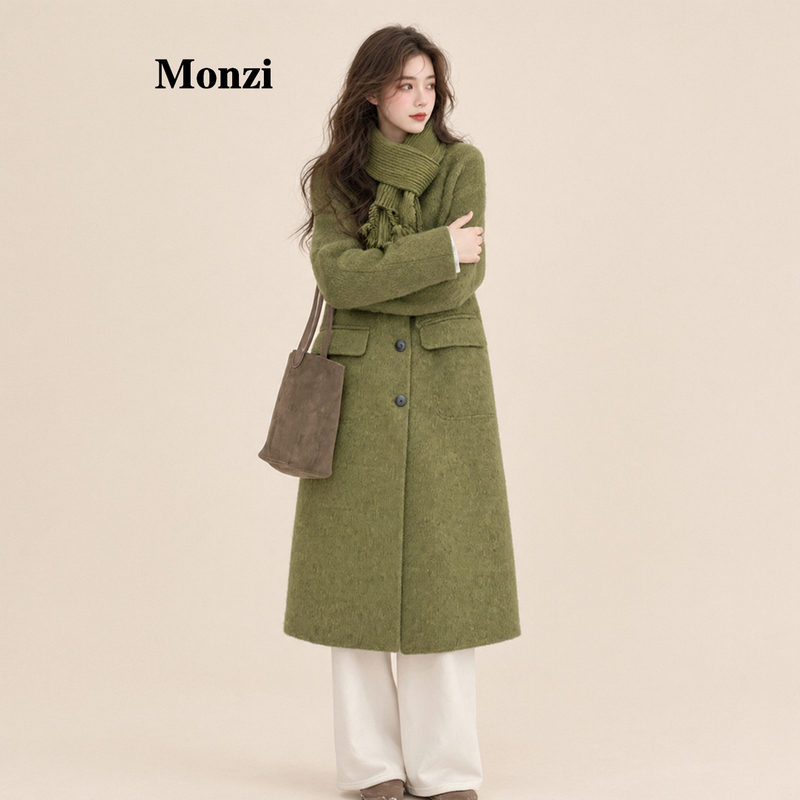 Monzi Green Tassel Scarf, Atmospheric Wool Double-Sided Coat for Women, Autumn and Winter Mid-Length Elegant Woolen Coat