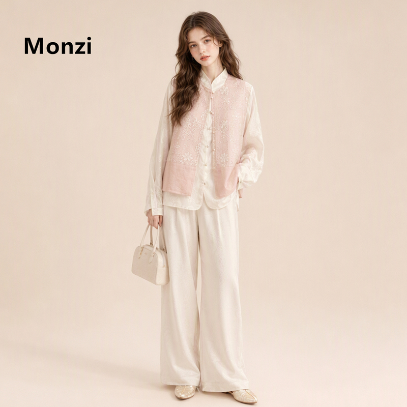 Monzi New Chinese Style Embroidered Vest Shirt Three-Piece Set for Women, Autumn New Slimming Wide-Leg Pants Age-Reducing Suit