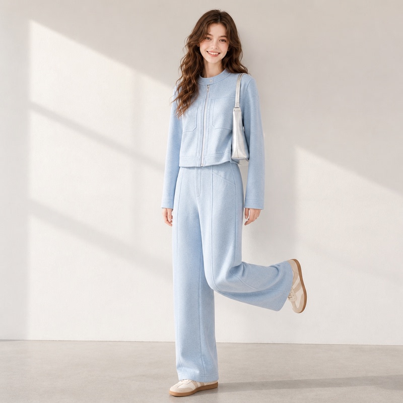 Monzi Blue Casual Sweatshirt Suit for Women, Autumn Short Jacket, Wide-Leg Pants, Loose and Slimming, Sporty Two-Piece Set