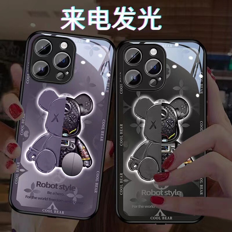 Dark Purple Mechanical Bear 16Promax Suitable for Apple 15Plus Incoming Call Flash Iphone14 Luminous Phone Case 12Minixs Couple 11 Voice Control Colorful 13 Popular Xr78 Trendy