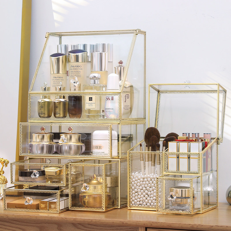 Cosmetic storage box light luxury copper glass dust-proof lipstick home desktop skin care dressing table advanced feel storage rack