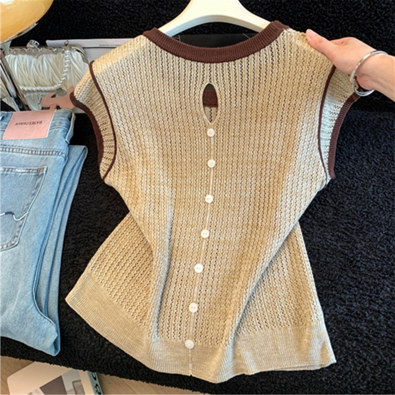 Shenzhen Nanyou High-End Women's Clothing, Stylish Color-Blocking Round-Neck Sleeveless Vest Top, Summer Backless Knitted Shirt