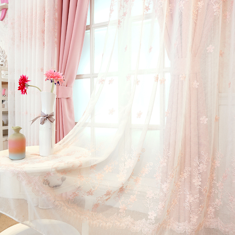 Han Style Pink Princess Curtains White Yarn Embroidered Flowers curtain Custom Living room Children's wedding room Bedroom Floating Windows Finished