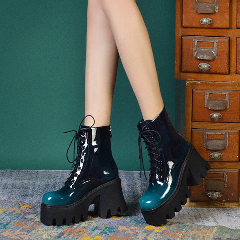 9cm~ Martin boots women's color small thick-soled autumn and winter plus velvet high-heeled British style leather thick-heeled lace-up ankle boots