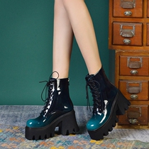 9cm ~ Martin boots woman Colour small sub-thick bottom autumn winter plus velvet high heel Inn windy genuine leather coarse heel lace short boot