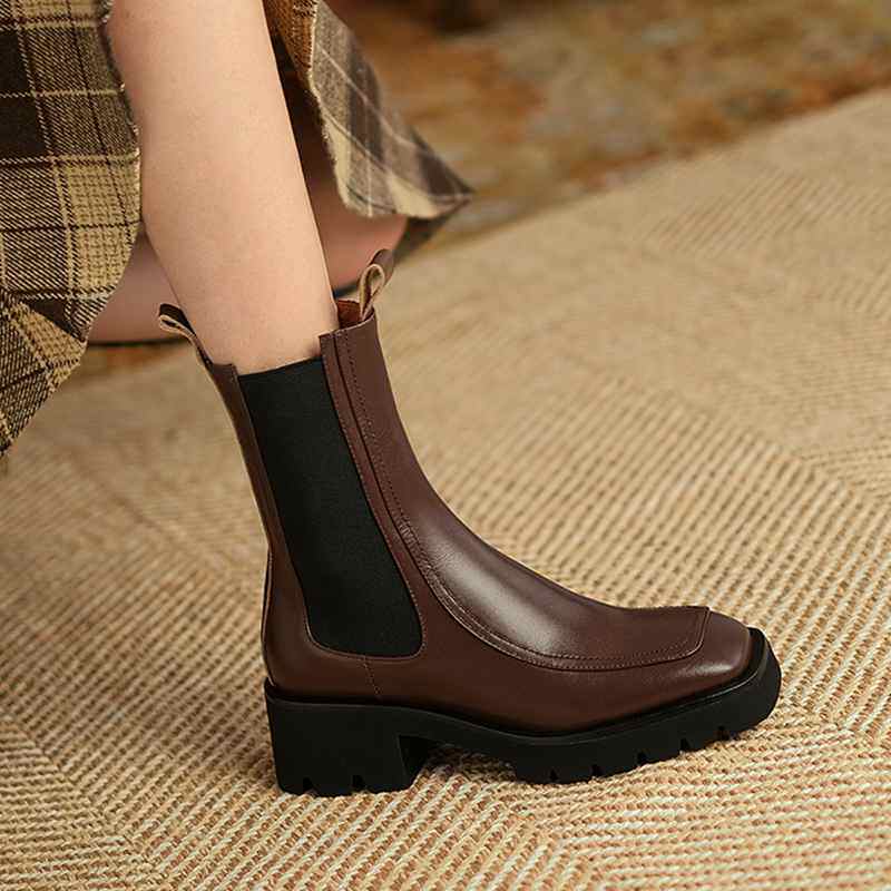 Square toe Chelsea short boots women's chimney leather British style chunky heel mid-tube spring and autumn single boots retro thick-soled Martin boots