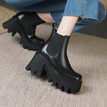 Short boot woman heightening small sub thick bottom winter plus suede Chelsea boot coarse heel leather high heel soft leather Martin boots 9cm