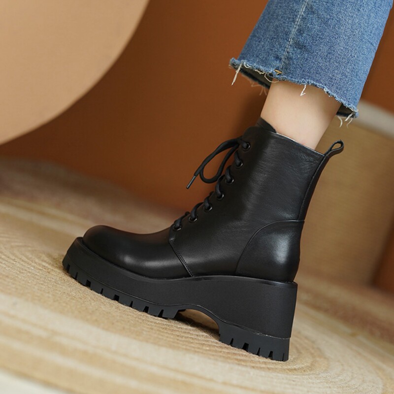 High heel short Martin boots Women small sub heightening winter explicit legs Long coarse heel genuine leather thick bottom conspicuge short boots 8cm