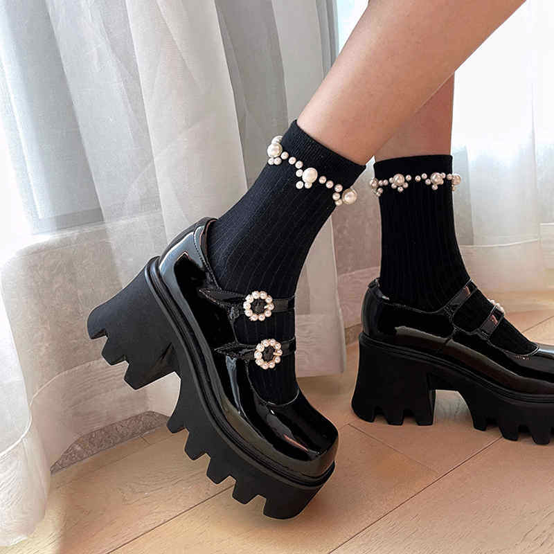 (Xiao Tingmei) thick-soled bag shoes female leather college style thick high-heeled small leather shoes small heightened Mary Jane shoes