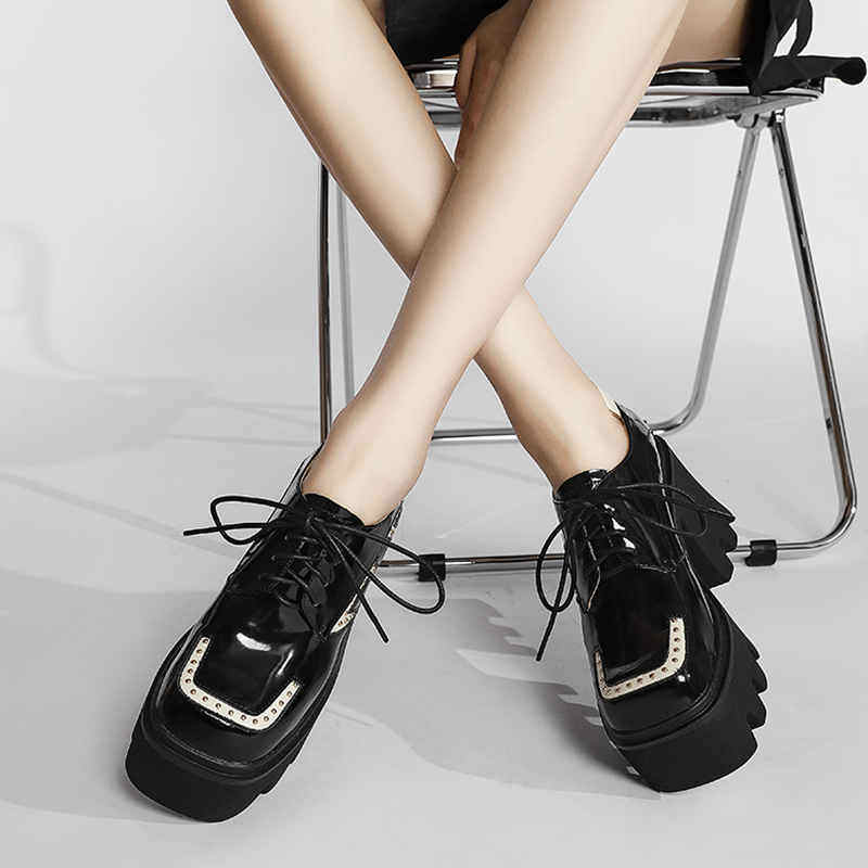(Xiao Tingmei) thick-soled bag shoes, women's small, thick-heeled platform shoes, high-heeled color-blocking British style lace-up shoes