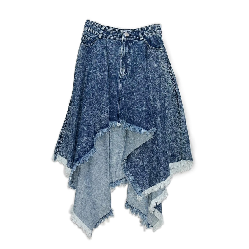 Labor Series Spring and Autumn Distressed Snowflake Pattern Asymmetrical Hem Denim Skirt for Women, Genuine S m Size