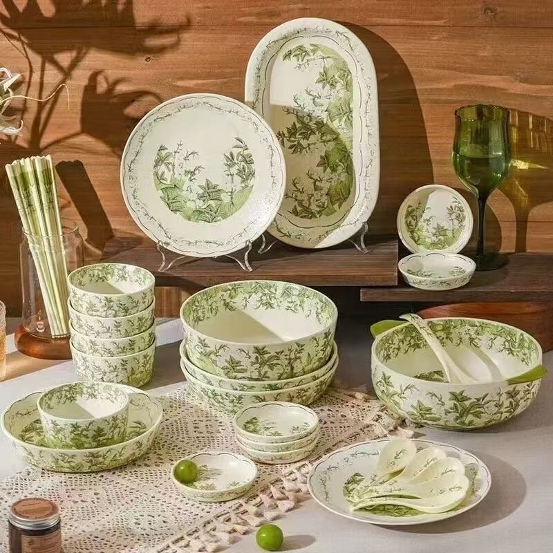 Huadian Lily of the Valley Tableware Ceramic with Floral Designs for Home Use, Rice Bowls, Soup Bowls, Fish Plates, Suitable for Moving House, Housewarming, Gift-Giving, Underglaze Color