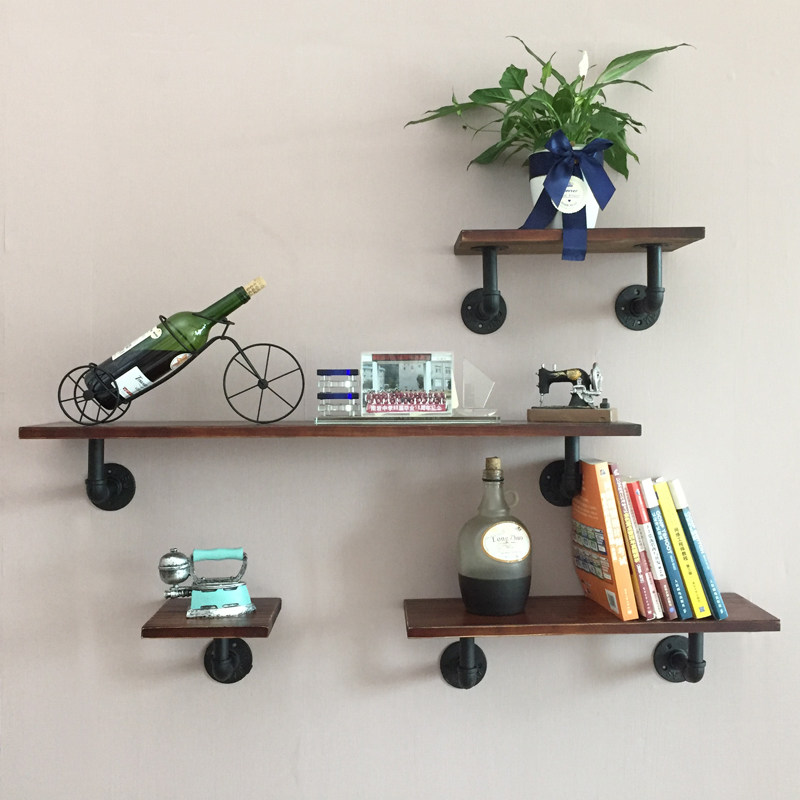 Wall shelf retro Wall solid wood partition wall wall hanging one-shaped partition iron bookshelf Wall water pipe decoration frame