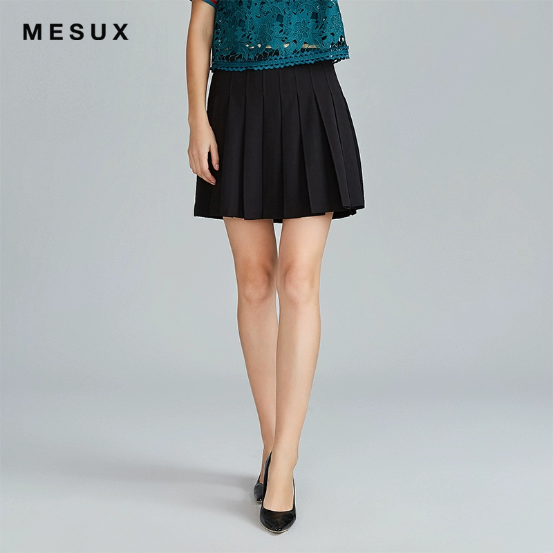 MESUX Mi Xiuxia nhấn thắt lưng ruy băng màu váy xếp nếp hình chữ A MFMUS207 - Váy