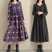 Váy cotton và lanh 2018 mùa thu mới retro phong cách quốc gia kích thước lớn linen lỏng mỏng váy dài nghệ thuật