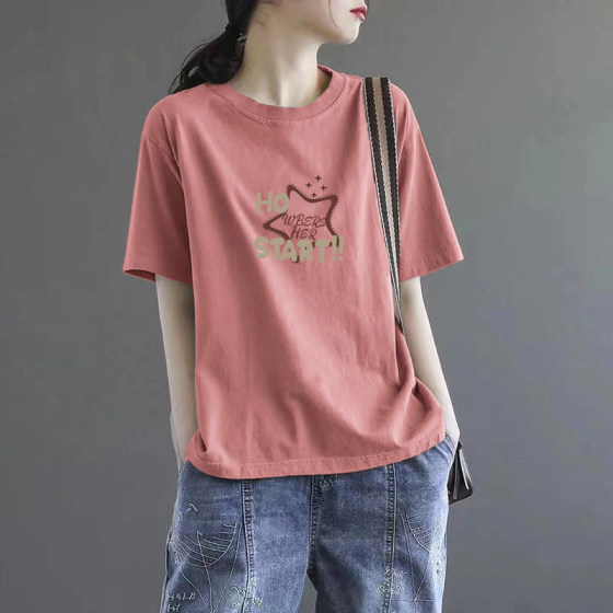品牌出口外贸正品100%纯棉短袖印花t恤女夏休闲显瘦时尚减龄上衣