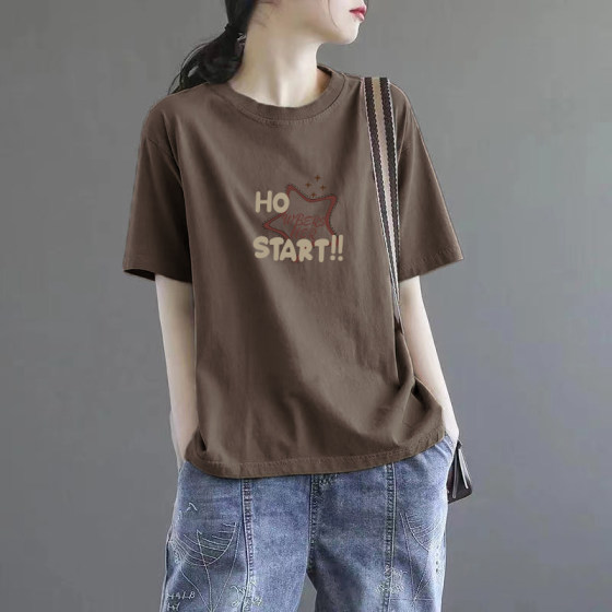 品牌出口外贸正品100%纯棉短袖印花t恤女夏休闲显瘦时尚减龄上衣