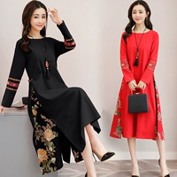 Đầm cotton và vải lanh 2018 mùa thu mới retro phong cách Trung Quốc vải lanh khâu cỡ lớn nữ váy midi mỏng mẫu váy đi biển