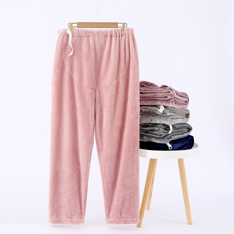 Coral Fleece Maternity Pajama Pants for Women in Autumn and Winter, Large Size Flannel Thickened Long Pants, Adjustable Belly Support Home Pants